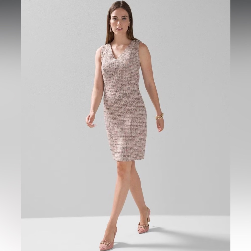 White House Black Market Multicolor Tweed Sleeveless V Neck Sheath Dress Sz 12